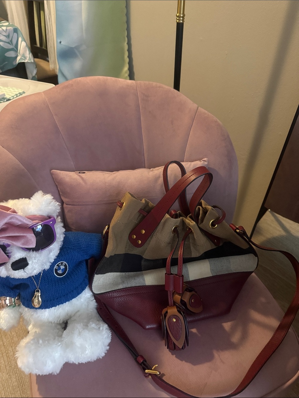 Burberry Beige & Burgundy Canvas and Leather Shoulder Bag